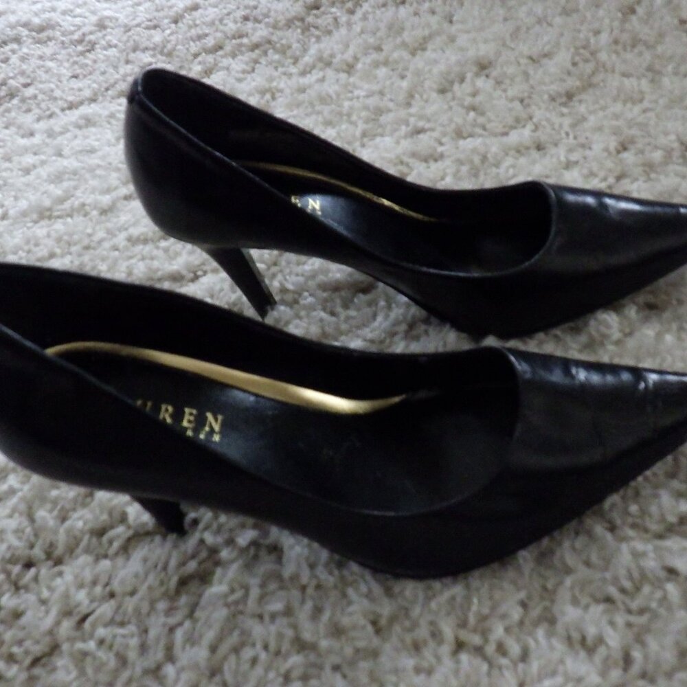 Ralph Lauren Black Leather High Heel Shoes Size 7.5 B D'orsay Heels Pre-Owned - Picture 3 of 7